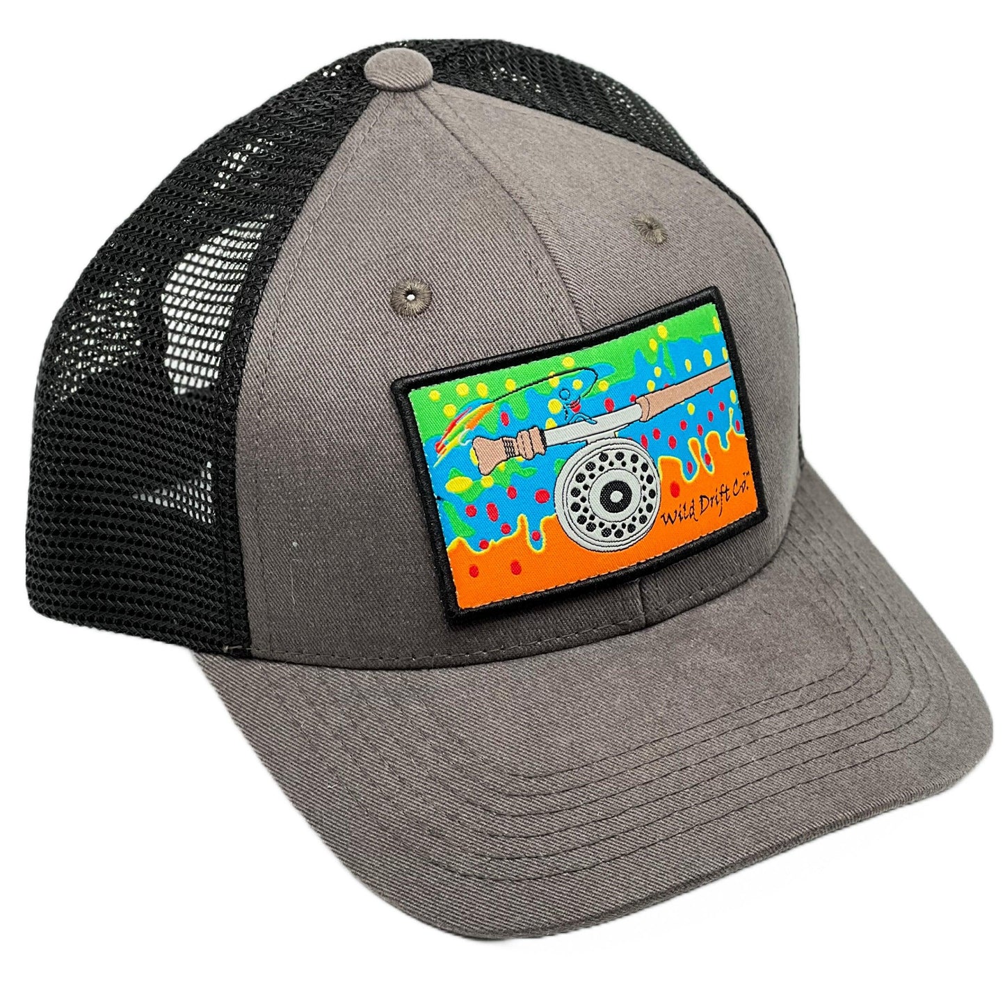 Gray/Black Fly Reel Patch Hat - Wild Drift Co